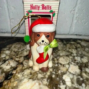 VINTAGE 1986 Holly Bells Dog Christmas Ornament